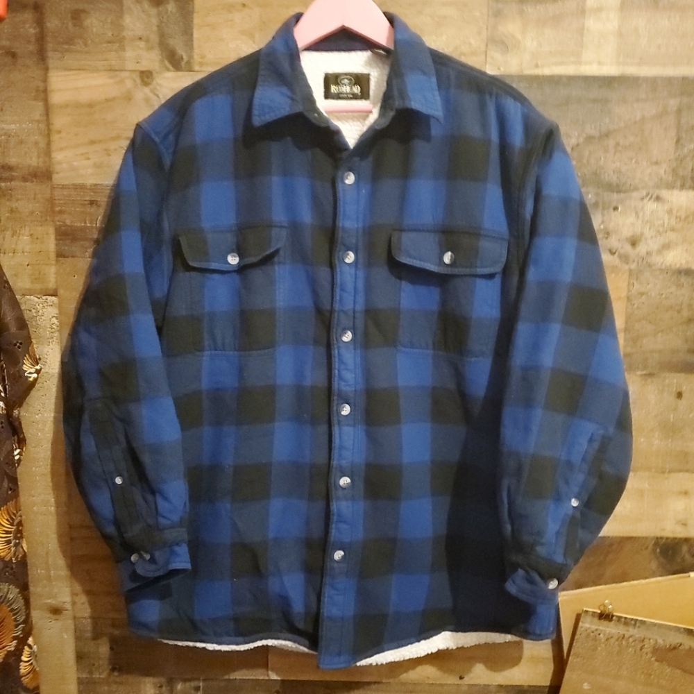 RED HEAD Blue Plaid Flannel Sherpa Fleece Lined Shacket Shirt Jacket Mens Large